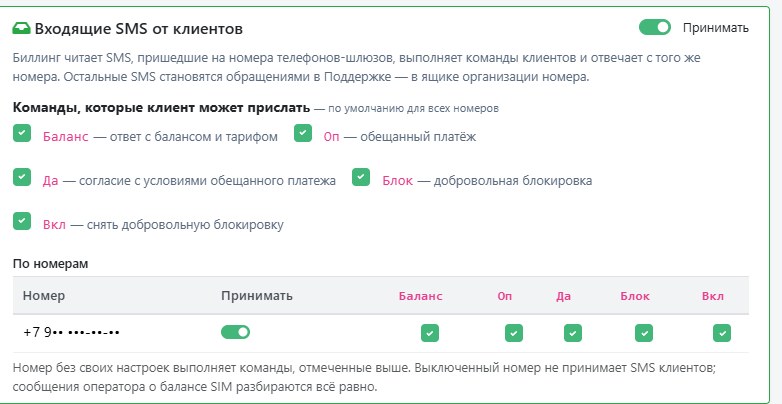 «Входящие SMS от клиентов»: команды Баланс, Оп, Да, Блок, Вкл и настройки по номерам